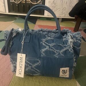 Wildfox Blue Frayed Denim Tote Bag - look at the shoelace zipper pull!